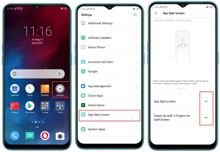 3 Fingers Split Screen Realme
